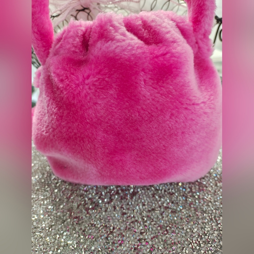 Vintage 1996 Pink Faux Fur Matell Barbie Drawstring Bag Purse Pom Poms - Picture 4 of 6